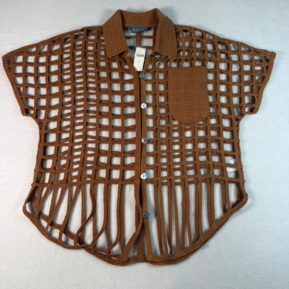 Anthropologie Crochet Top Womens One Size Brown Cotton Boho Open Knit Button Up